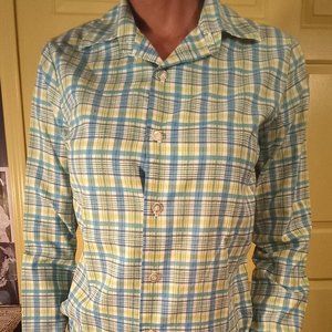 long sleeve button up gingham print blouse. FREE SHIPPING.